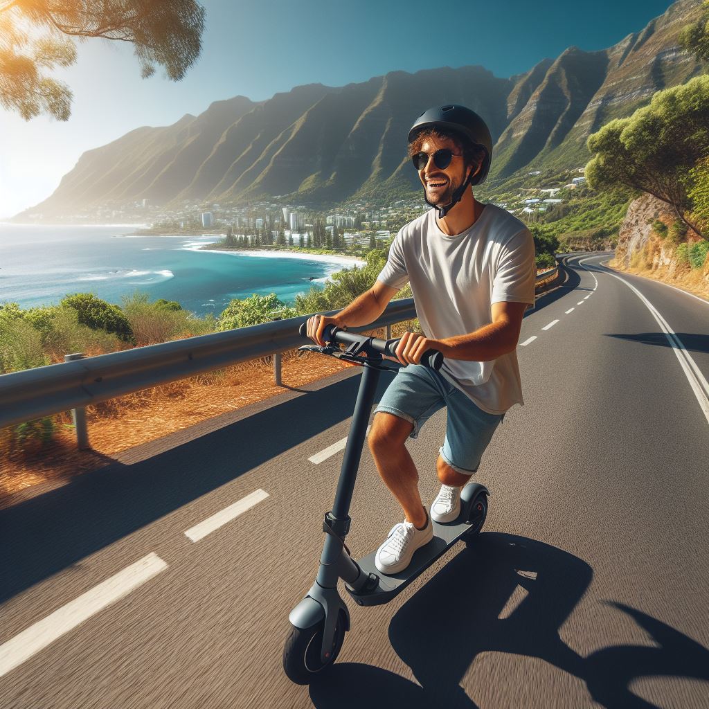 This image shows the men riding an e-scooter on the road.