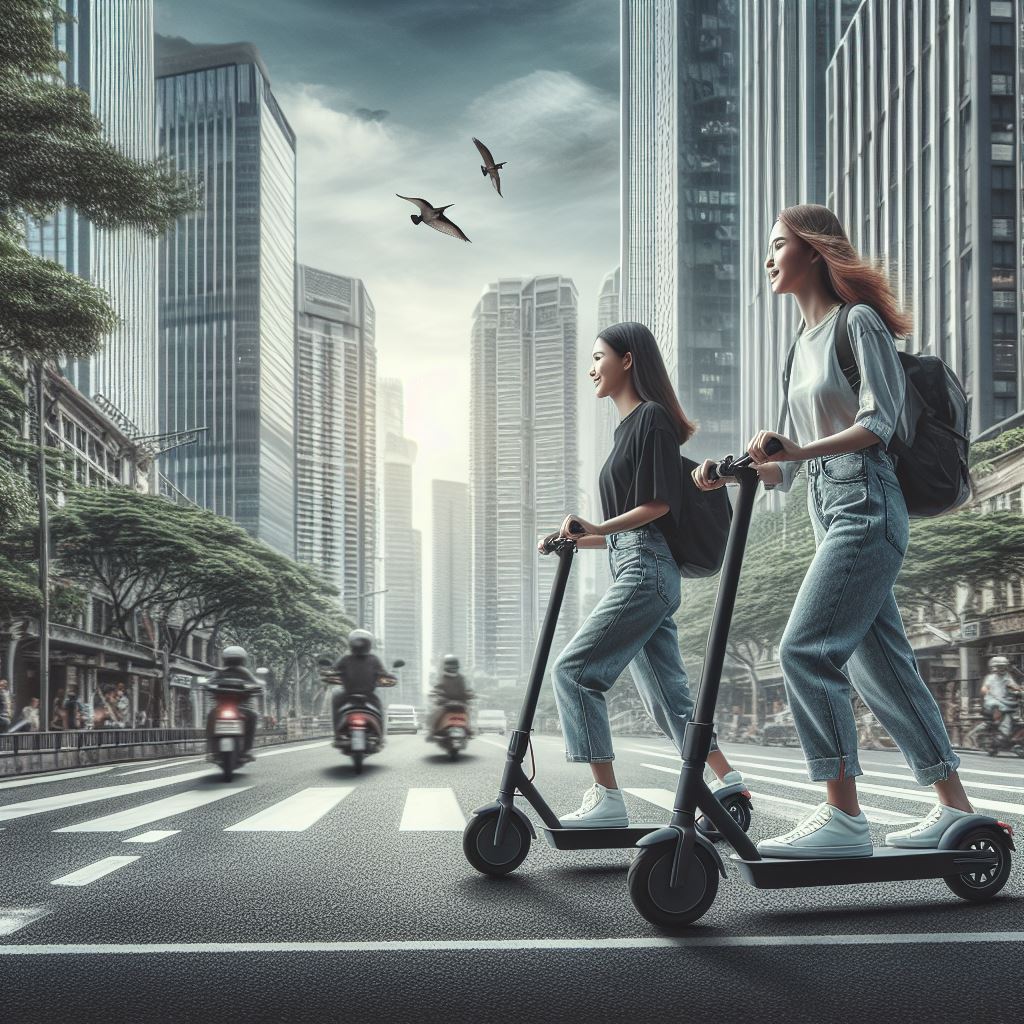 This image shows the two women riding electric scooter on the road.