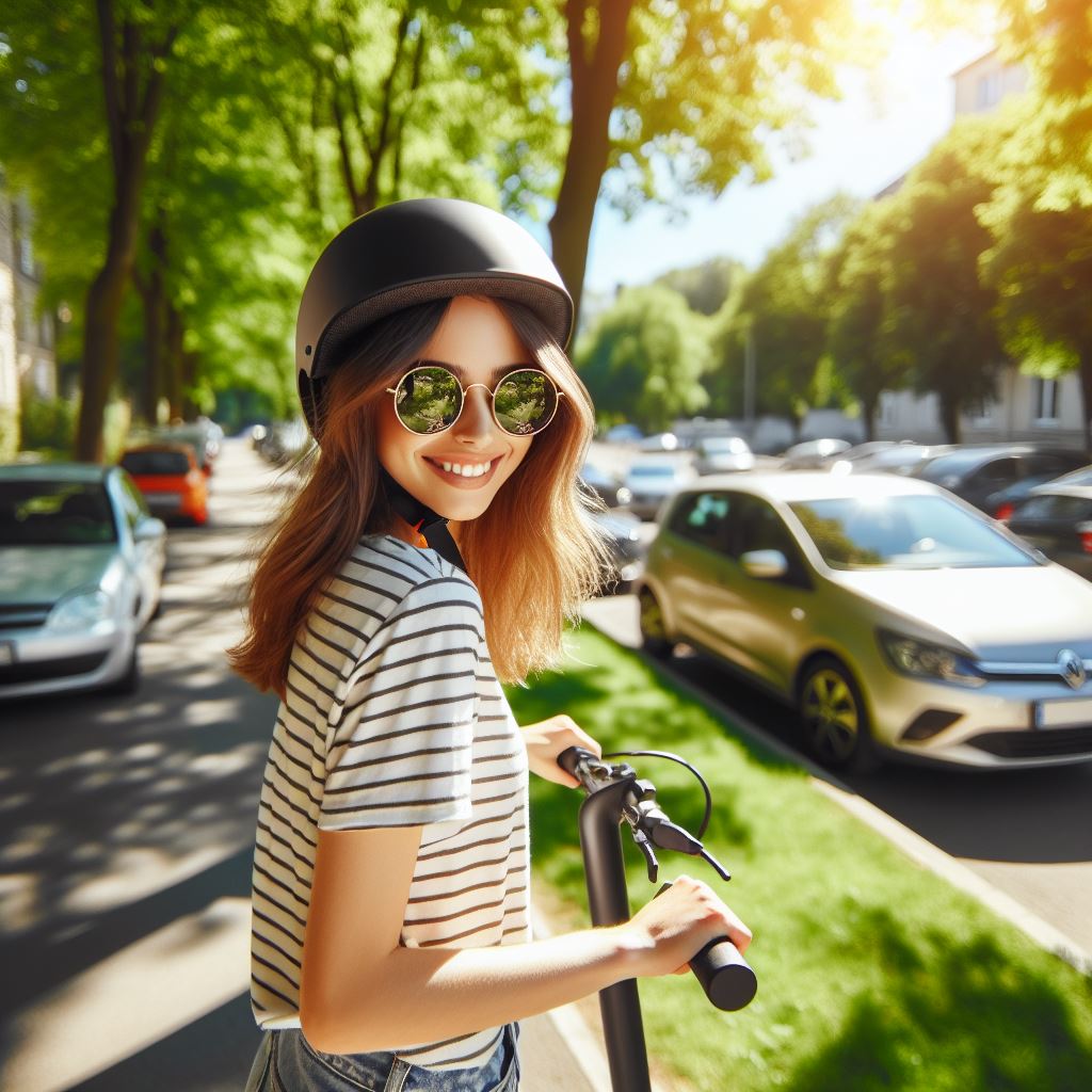 Young women smiles while riding an e-scooter.