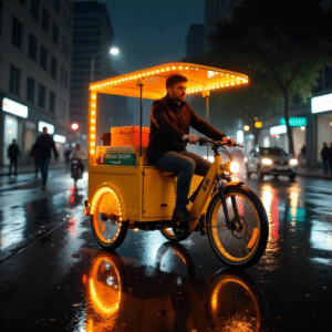 A candid photo showing a person riding an electric cargo bike through a city street, highlighting natural light and daily use.