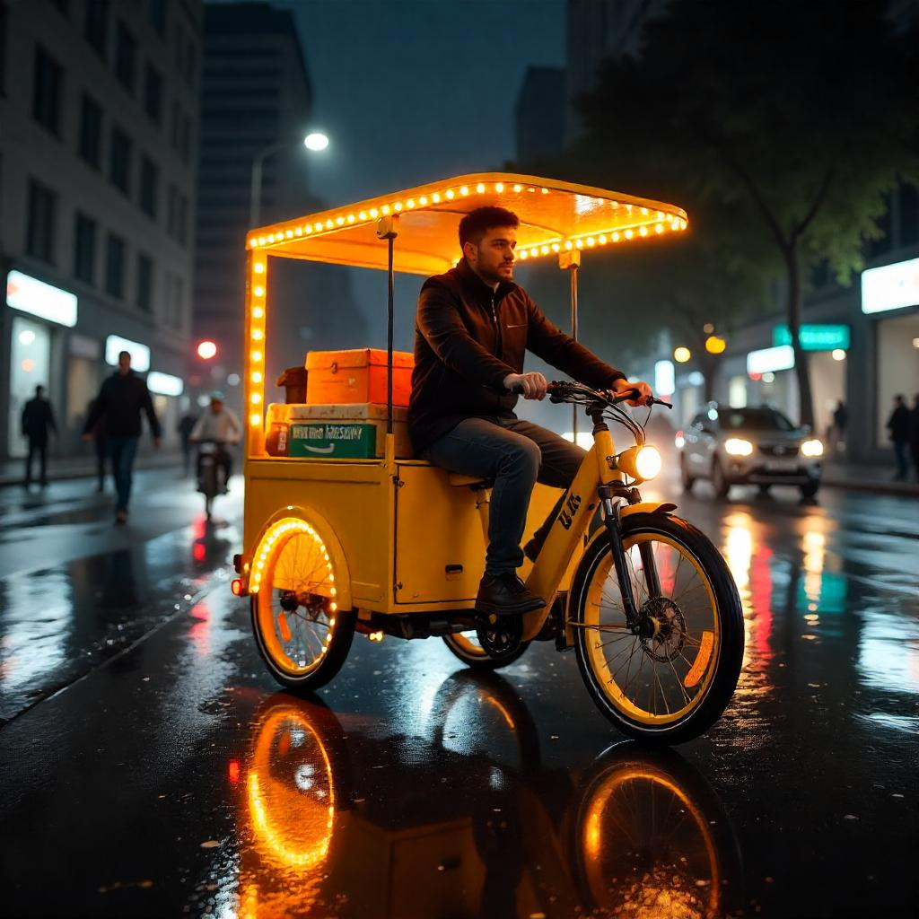 A candid photo showing a person riding an electric cargo bike through a city street, highlighting natural light and daily use.