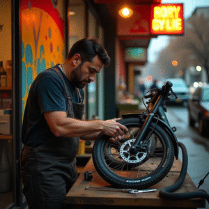 A candid photo at an electric bike store near me, showing riders test bikes in a natural setting—highlighting the personal service and local vibe of nearby e-bike shops.