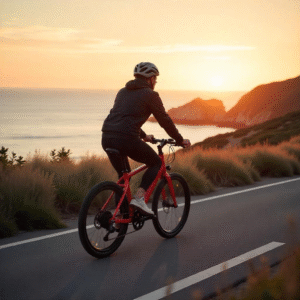 Candid photo of a person riding a Trek electric bike through a natural outdoor setting, showcasing eco-friendly commuting and relaxed urban travel.