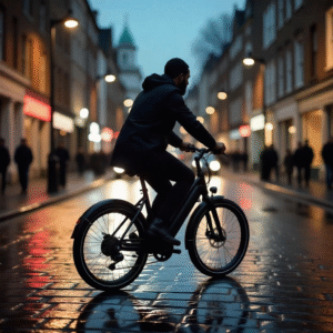 Candid photo of a commuter riding a Pedego electric bike in natural light, showcasing its smart design, comfort, and eco-friendly features for daily urban travel.