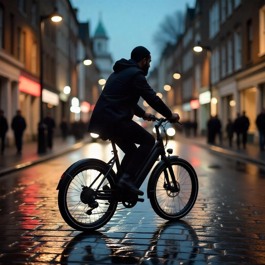 Candid photo of a commuter riding a Pedego electric bike in natural light, showcasing its smart design, comfort, and eco-friendly features for daily urban travel.