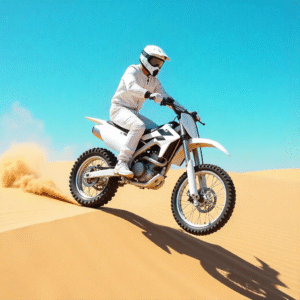Teen riding an electric bike pit bike on a dirt trail, surrounded by nature, captured in candid natural light with a dynamic, action-packed feel.