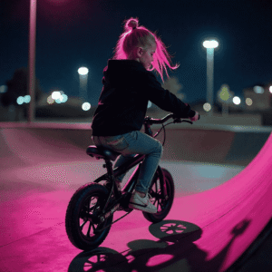 A candid photo of a child enjoying a kids electric bike ride outdoors, showing natural expressions, safe riding posture, and a playful moment that highlights fun, confidence, and the joy of cycling in a natural setting.