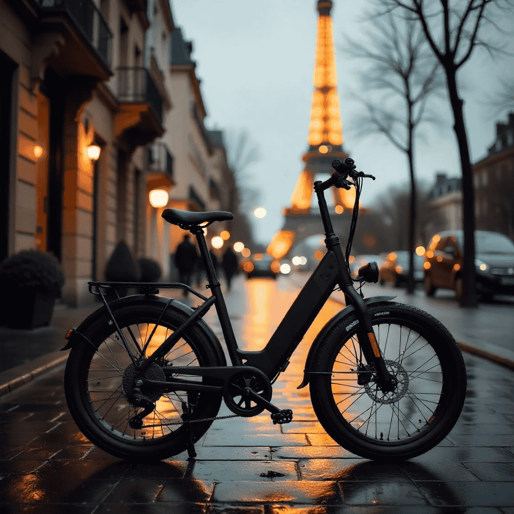 Man riding a folding e-bike, an e bike folding electric bike, through a city street in natural light, showing its portability and convenience for urban commuting.