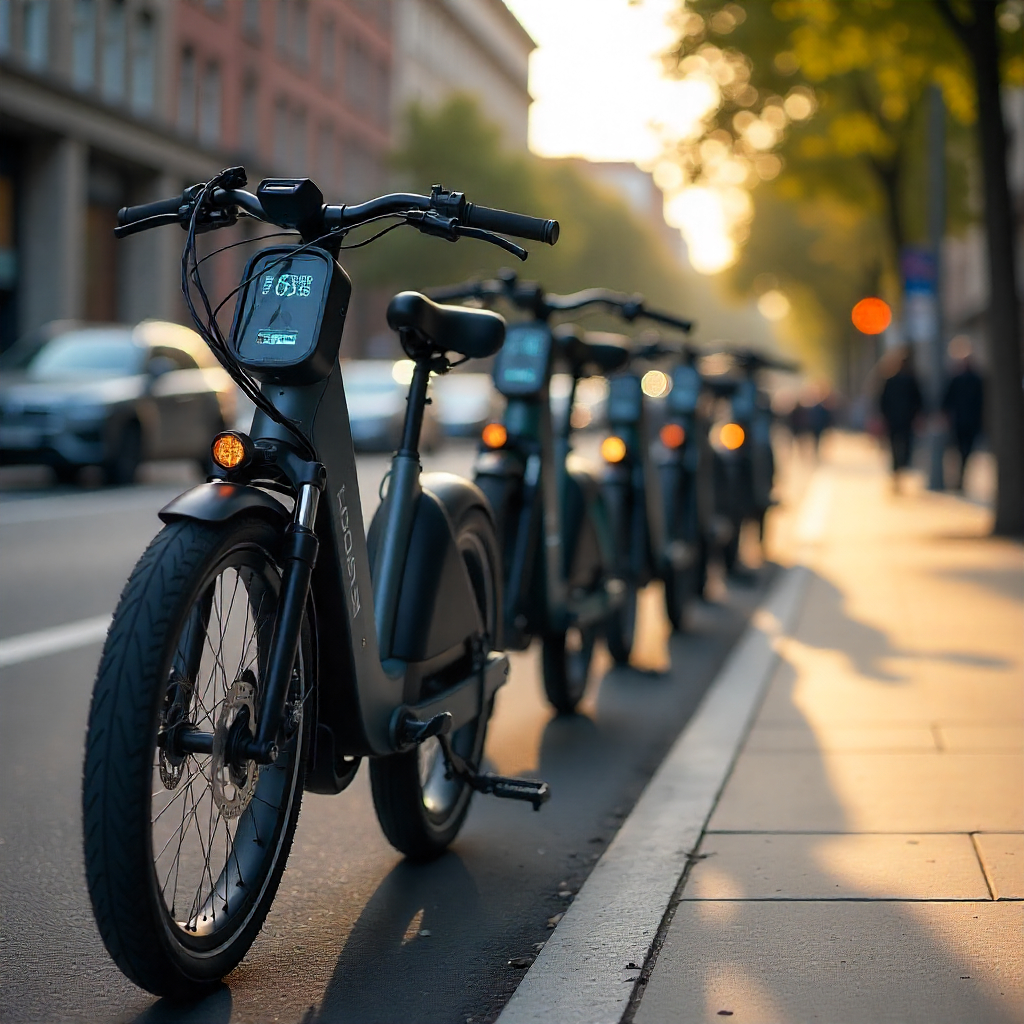 Fleet of commuter e-bikes in bike lane, compact motors, built-in displays, reflective accents, tidy urban morning scene.