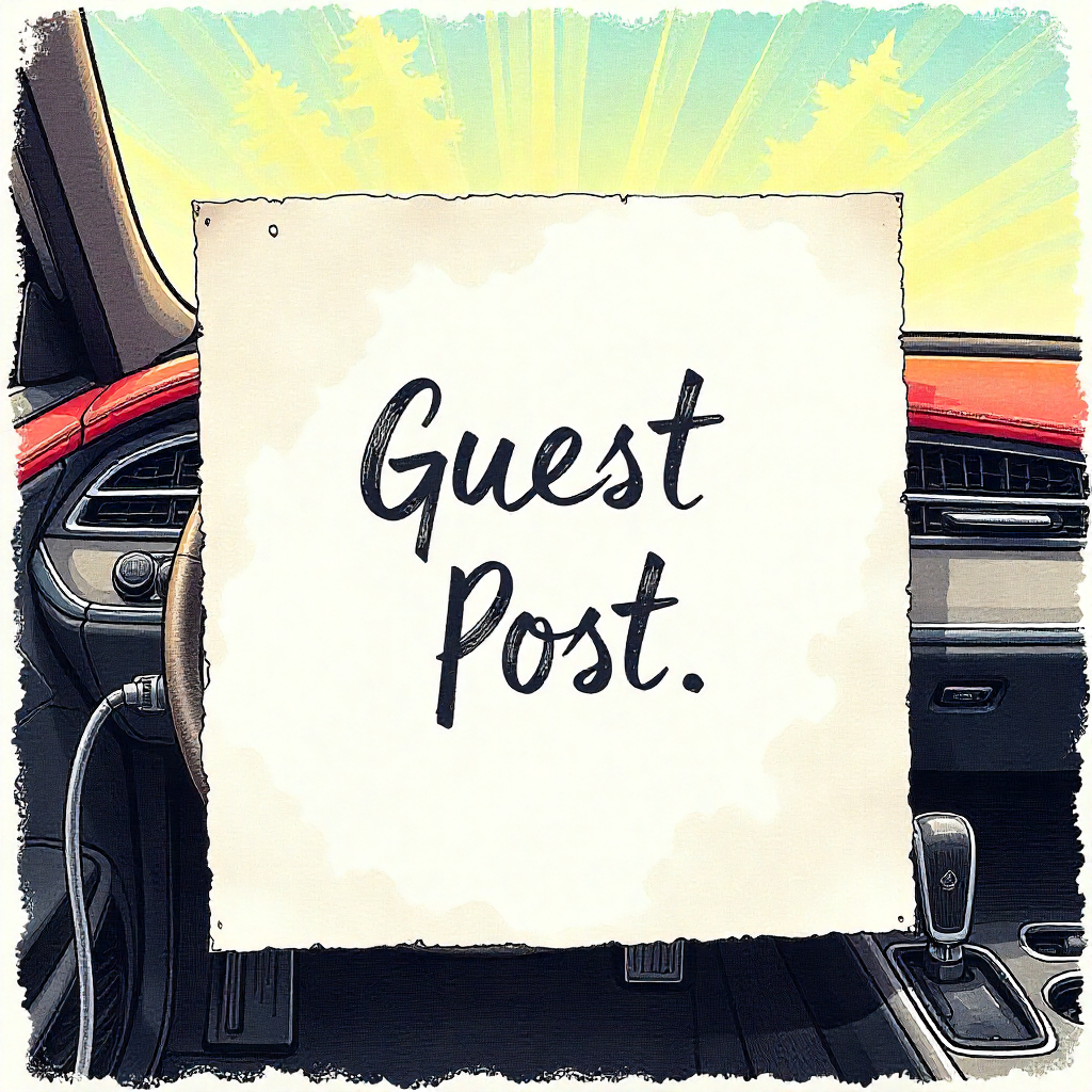 white blank paper with "Guest Post" handwritten, electric vehicle dashboard background with charging port details